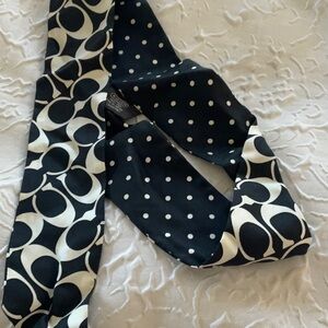 COACH BLACK WHITE SILK TWILLY SCARF COACH LOGO AND POLKA DOTS